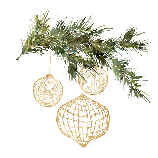 水彩冷杉枝花束和圣诞树金色玩具。手绘冬季植物孤立在白色背景。花假日插图的设计，印刷，织物或背景。图片下载