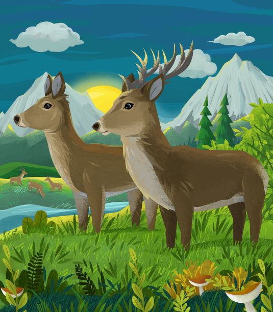 自然森林和动物鹿的卡通场景图片下载