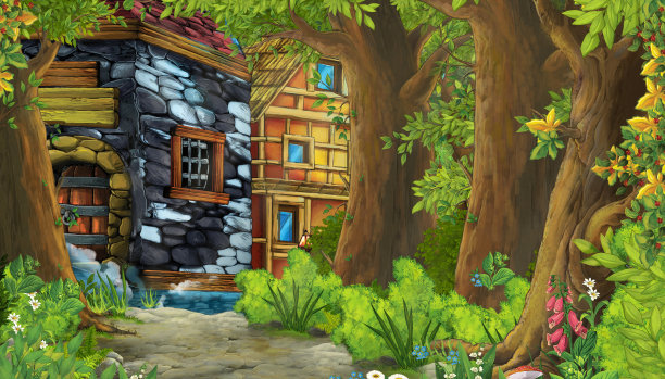 带有中世纪城市街道的卡通自然场景-儿童插图图片下载