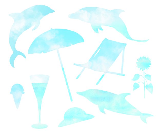 廓形设定为夏季与天空和海洋的图案。海豚、遮阳伞、冰淇淋、饮料等。图片下载