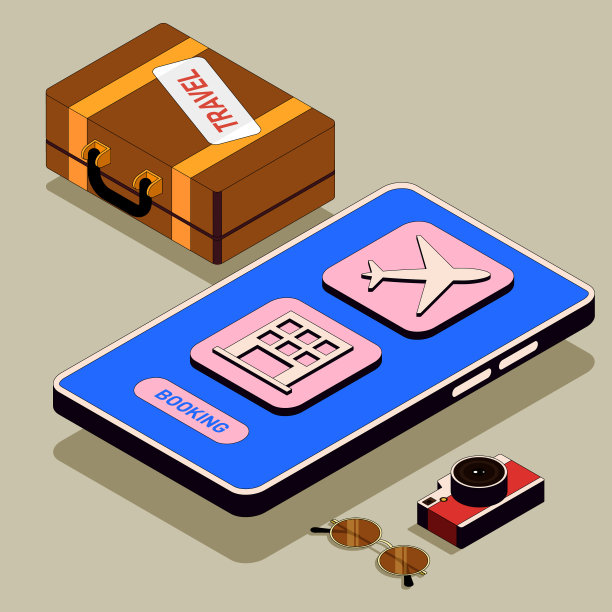 旅游在线代理概念。预订酒店和航班与手机等距平面设计风格图片下载