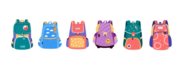 一年级学生书包套装。矢量插图在平面风格。图片下载