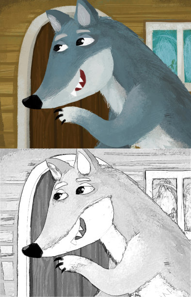 卡通场景与邪恶的狼间谍附近的木屋插图的孩子图片下载