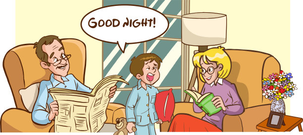昏昏欲睡打哈欠的孩子和父母晚安卡通矢量图片下载