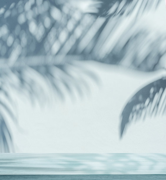模糊的阴影热带棕榈叶在灰色的墙壁和桌面在前景。夏天的概念。图片下载