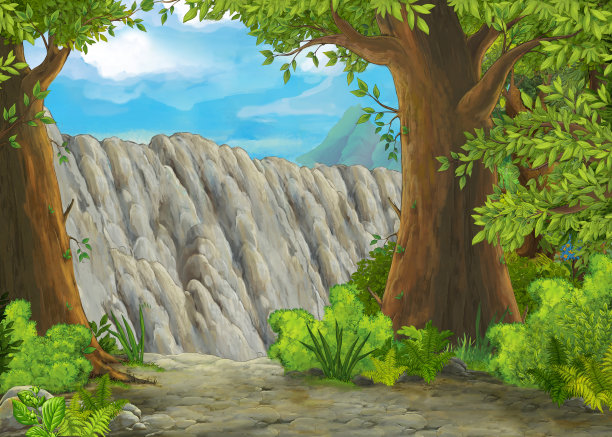 卡通场景与山山谷附近的森林与王子和公主图片下载