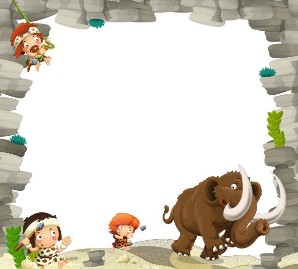 卡通自然场景与史前穴居人主题框架边界与空间文字插图为儿童图片下载