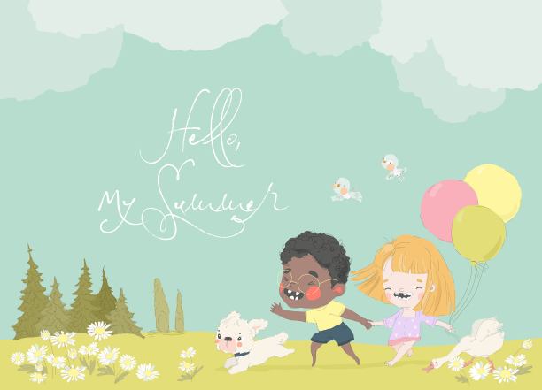 快乐的孩子们与有趣的鹅和可爱的狗在草地上奔跑图片下载