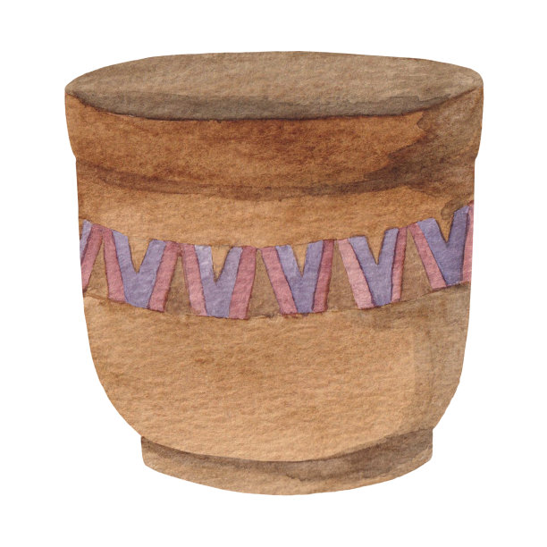 水彩棕色图案花盆适合室内和花园植物隔离在白色背景图片下载