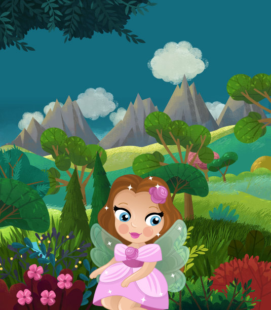 卡通快乐的童话场景与自然森林和有趣的小精灵图片下载