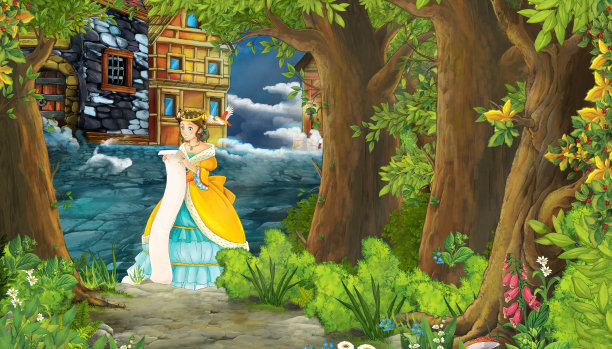 卡通自然景观与中世纪的城市街道和美丽的女孩公主站和阅读-儿童插图图片下载