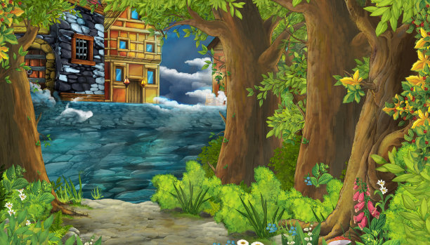 带有中世纪城市街道的卡通自然场景-儿童插图图片下载