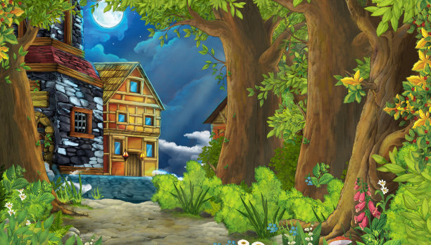 带有中世纪城市街道的卡通自然场景-儿童插图图片下载