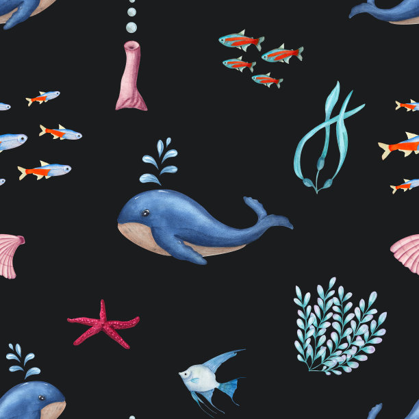 水彩水下无缝图案蓝鲸，天使鱼，新冠鱼，海藻，海星孤立在黑色背景。印刷设计，背景，菜单，壁纸，织物，纺织品，包装。图片下载