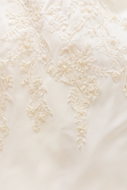 精致美丽的刺绣与珠子和亮片在米色缎面织物。垂直婚礼背景。图片下载