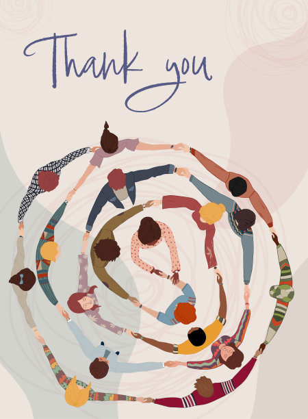 不同文化背景的人手拉手围成一圈，在同事或朋友之间手写“谢谢”。感恩和欣赏的概念。社区图片下载