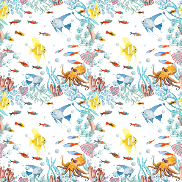 无缝图案与海洋动物隔离在白色背景。水彩插图天使鱼，贝壳，珊瑚，章鱼，海藻，水，海，海洋。印刷、设计、海报、布艺、装饰图片下载