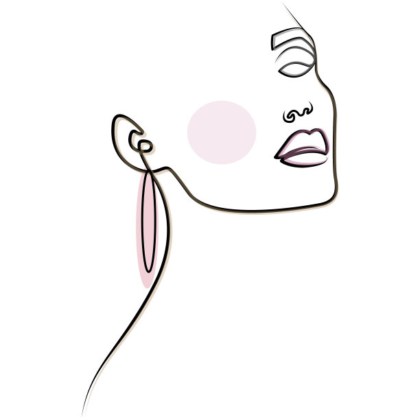 一个轮廓的女人的脸与柔和的装饰。极简主义一行。图片下载