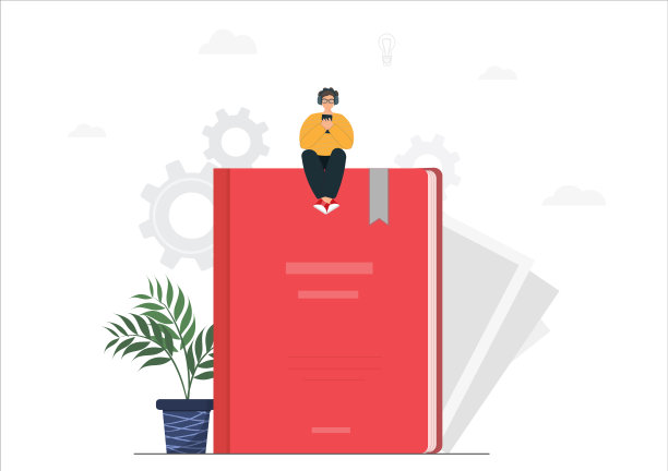 微小的人坐在书上用手机，指导说明或教科书，规范用户指导文件，搜索信息，教育概念的平面矢量插图图片下载