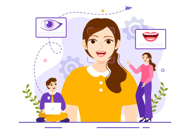 人脸识别系统中包含照片、文件和信息的身份证识别矢量图平面卡通手绘模板图片下载