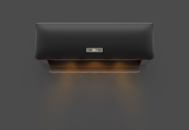 黑色空调与暖风波3d渲染。现实的模拟电子设备与热流在黑暗的墙壁为家庭或办公室，控制温度和气候的房间图片下载