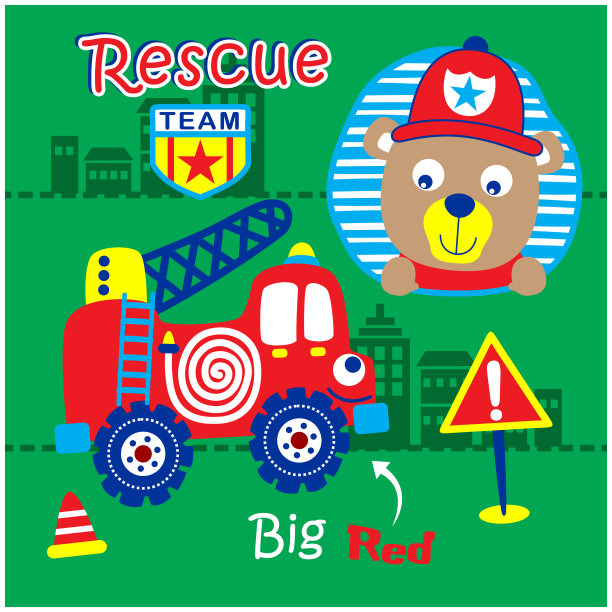 熊和大红是消防救援队可爱的卡通，矢量插图图片下载