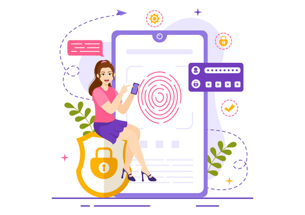 人脸识别系统中包含照片、文件和信息的身份证识别矢量图平面卡通手绘模板图片下载