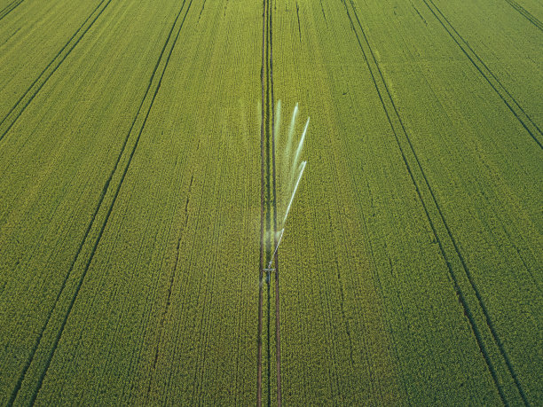 照顾庄稼。农业灌溉系统鸟瞰图，灌溉农田图片下载