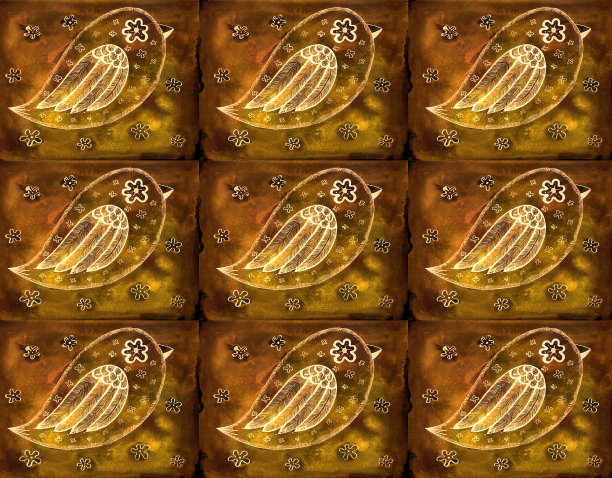 一种由相同的鸟和花图案组成的图案。棕色背景上的白色。图片下载