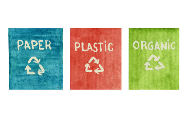 水彩垃圾分拣套装，各种材质的垃圾箱以鲜艳的颜色，隔离在白色的背景上。图片下载