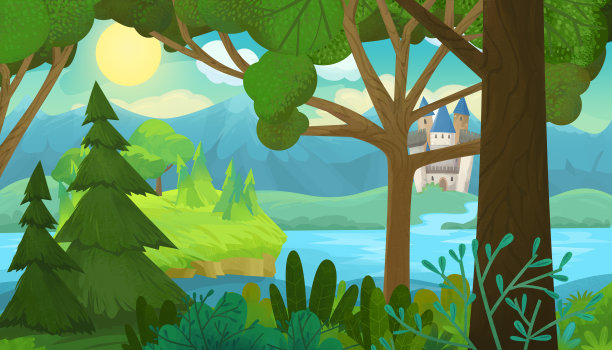 卡通场景与自然森林公主和城堡图片下载