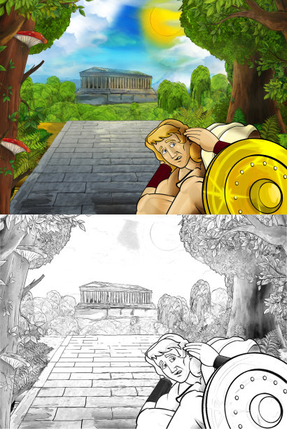 卡通场景与罗马或希腊古代字符附近的一些古建筑，如寺庙在通往城市的道路插图儿童图片下载