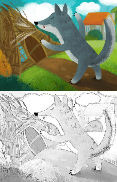 卡通场景与狼在农场寻找猪插图的孩子图片下载