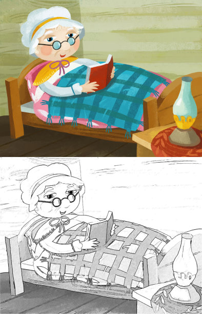 卡通场景，奶奶躺在床上给孩子们读插画书图片下载