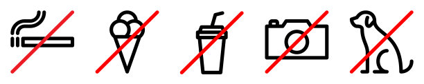 一套禁止线标志。禁止吸烟，冰淇淋，饮料，相机，狗轮廓图标在白色背景。可编辑的中风。矢量图形图片下载