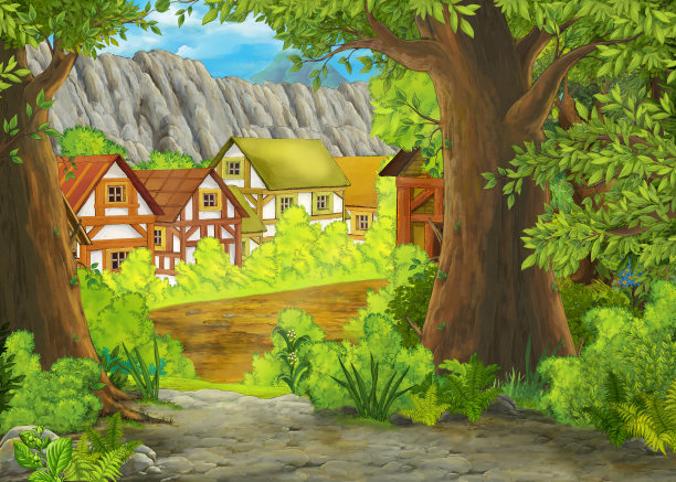 卡通夏天的场景与路径的农场村庄与王子和公主图片下载