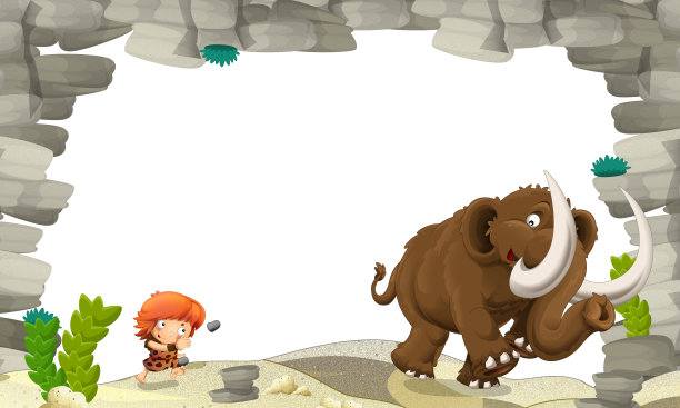 卡通自然场景与史前穴居人主题框架边界与空间文字插图为儿童图片下载
