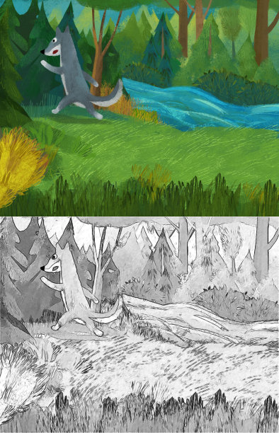 卡通场景与狼在森林插图的孩子图片下载