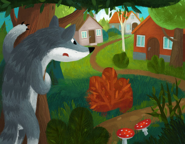 卡通场景与狼在农场寻找农民猪为儿童插图图片下载