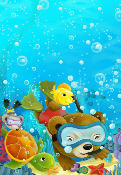 卡通海洋场景珊瑚礁森林动物潜水图片下载