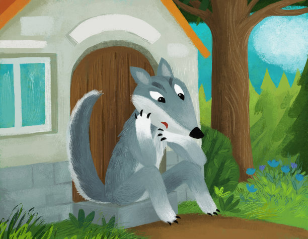 卡通场景，坏狼在屋顶上微笑和休息插图的孩子图片下载