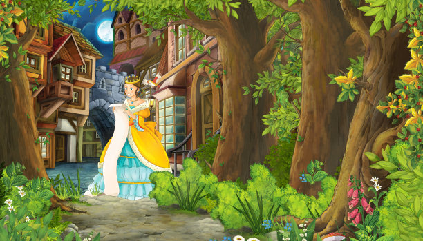 卡通自然景观与中世纪的城市街道和美丽的女孩公主站和阅读-儿童插图图片下载