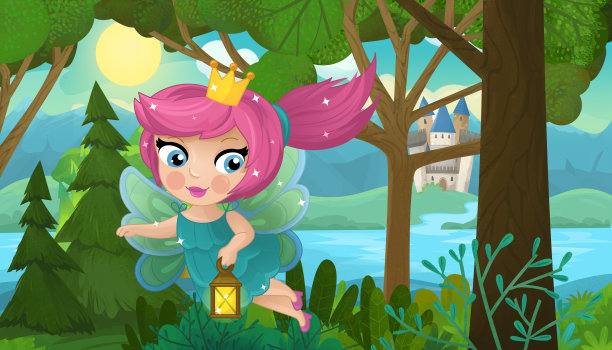 卡通场景与自然森林公主和城堡图片下载
