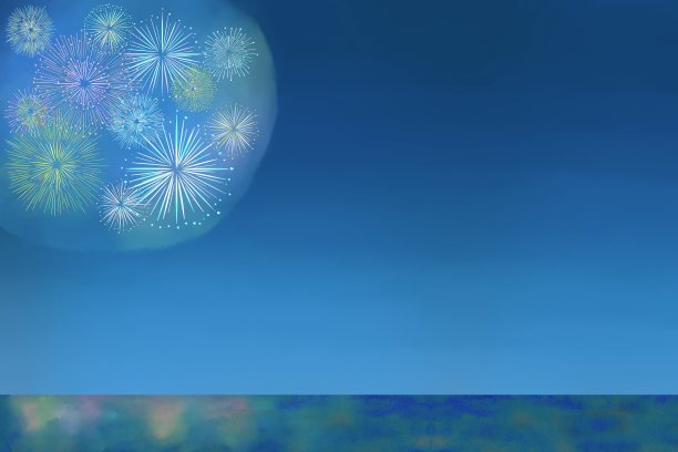 晚上从海上看到的烟花表演的画面。图片下载