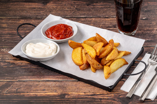 木桌上的薯角配番茄酱和蛋黄酱图片下载