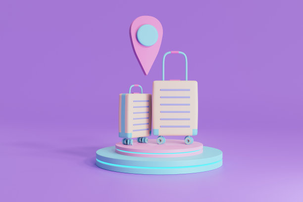 3D插图渲染两个行李箱模型，紫色背景上的旅行路标和地图指针，夏季旅行和假期度假旅行者与飞机飞行运输，最小的旅行概念图片下载