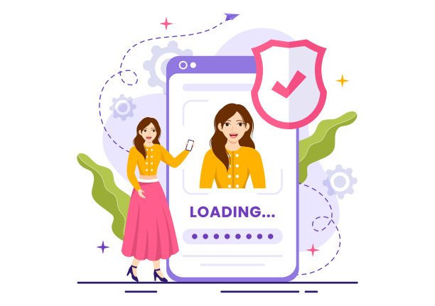 人脸识别系统中包含照片、文件和信息的身份证识别矢量图平面卡通手绘模板图片下载