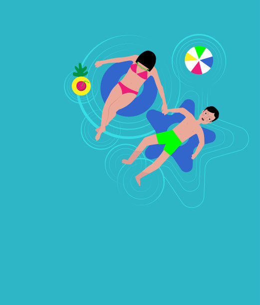 一对夫妇漂浮在游泳池，在漂浮的管子上放松，手牵着手图片下载