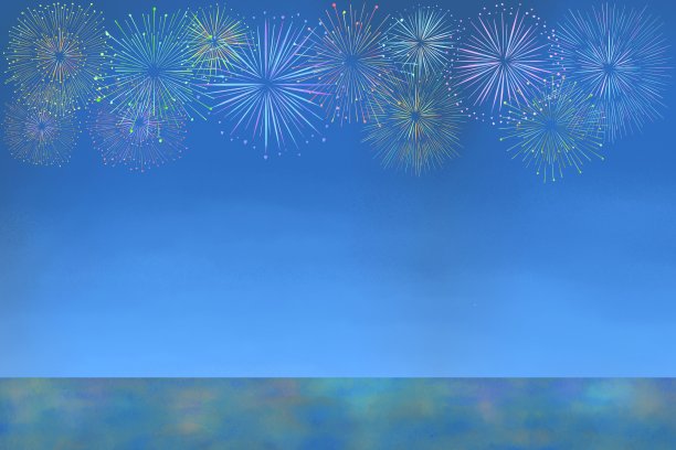 美丽的大海和夜晚的烟花。一个丰富多彩的和时尚的水彩触摸背景。图片下载