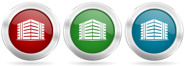 办公楼矢量图标集。红色，蓝色和绿色银色金属按钮与铬边框图片下载